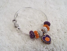 Silvertone Orange Purple Rhinestone Paw Print Expandable Bangle Bracelet (B25)