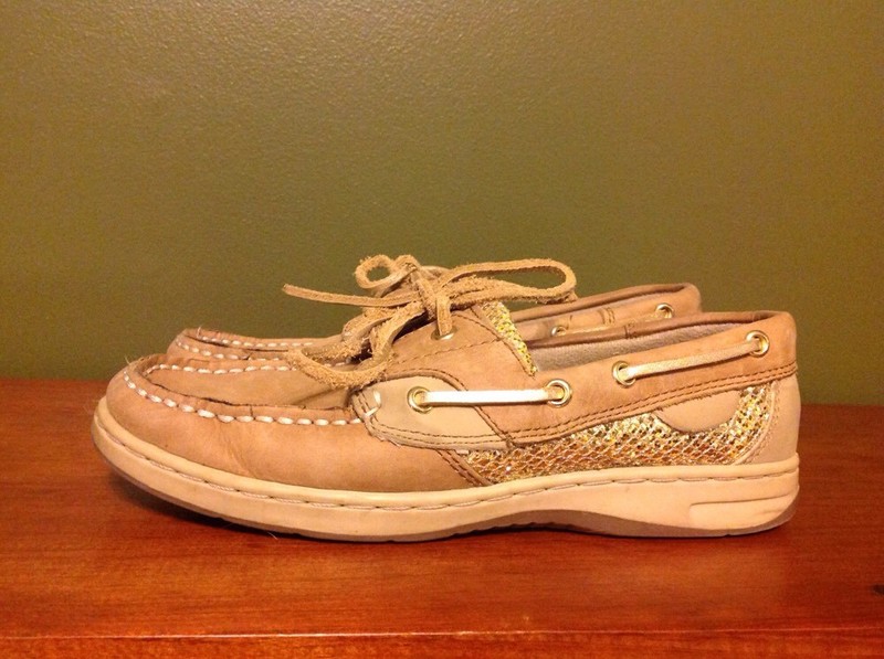 Maui Island Boat Shoes Tan Suede Gold Glitter Slip On Docksiders Women’s Sz 5M