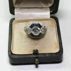 1.52CT White Round CZ Blue Sapphire Accent Vintage Art Deco Ring 925 Silver