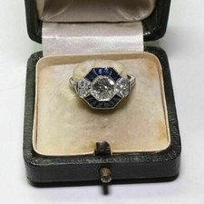 1.52CT White Round CZ Blue Sapphire Accent Vintage Art Deco Ring 925 Silver