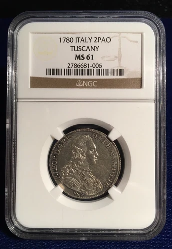 ITALY TUSCANY 1780 2 PAOLI (16 CRAZIE), UNCIRCULATED & RARE, CERTIFIED NGC MS61