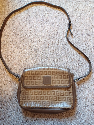 Vtg FENDI FF Monogram Zucchino Vinyl Coated Leather Trim Shoulder