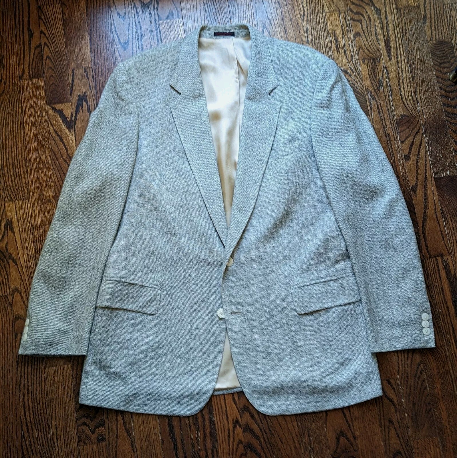English Manor Mens Sz 44L Taupe Gray Silk Harris Tweed Blazer Jacket Sport Coat