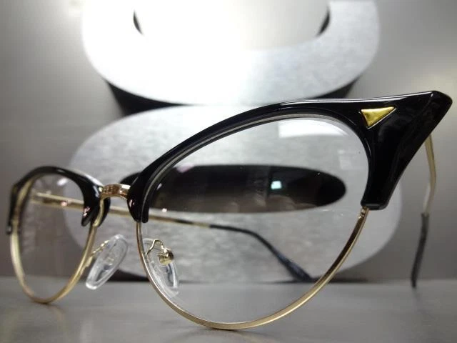 Elegante Retro Ojo de Gato Estilo Lente Transparente Gafas Único Puntiagudo Negro Dorado Marco Foto 3 de 4