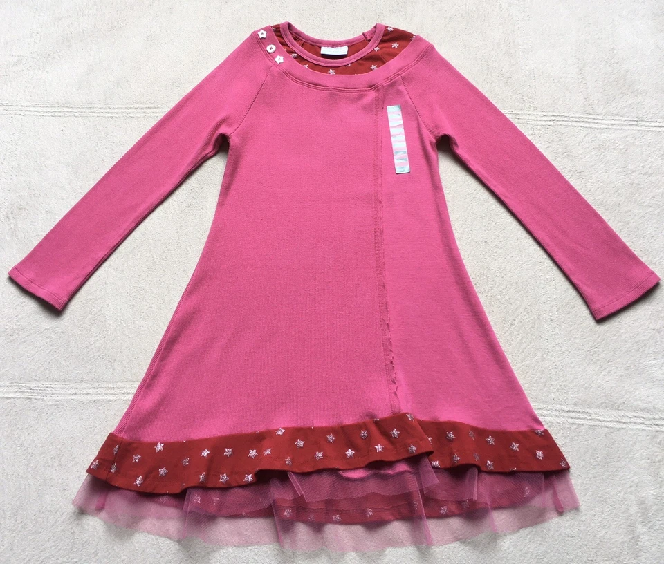 Vestido NAARTJIE Niñas, Talla 7, Rosa, Rojo, Estrellas Plateadas, Mangas Largas, ¡NUEVO! Foto 3 de 4