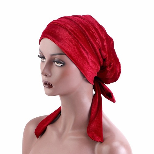 African Velvet Hat Women Solid Color Bonnet Turban Cap Muslim Long Tail Headwear - Bild 9 von 19