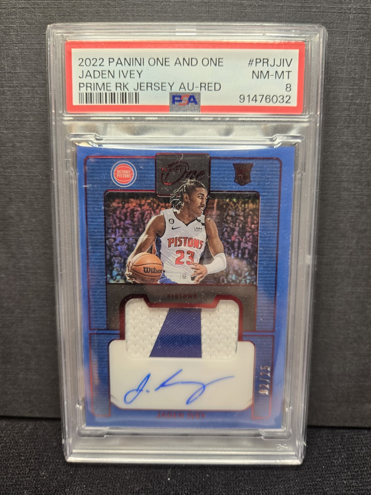 2022-23 Panini One & One Jaden Ivey Rookie Patch Auto Red RPA /99 Prime RC PSA 8