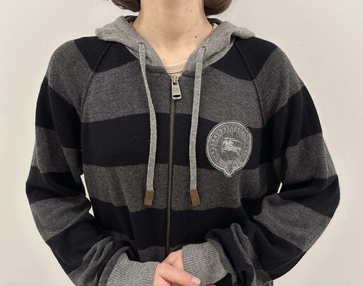 Burberry London Lambs Wool Zip Hooded Knit Sweater Hoodie Striped
