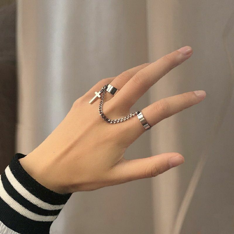 Retro Hip hop Cross Ring Finger Chain Adjustable Rings Punk Band