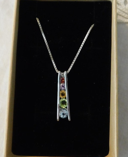 Multi Gemstone Sterling Silver Pendant Necklace FAS 925 Italy Box Chain 18"