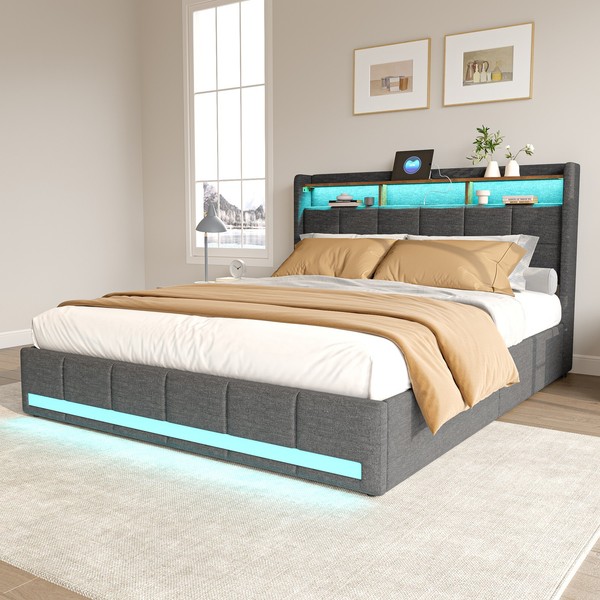 140X200Cm Doppelbett Boxspringbett Polsterbett Mit Stauraum 4 Schubladen Led&Usb-image
