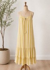June & Hudson yellow white Ruffle Maxi Tiered Dress Party Vacation Resort Large