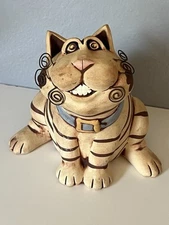 Vtg Cindy Butler Jones Pottery Whimsical Cat Coin Piggy Bank 8"