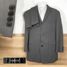 DKNY 2 Piece Suit Mens 44R 38x31 Gray Striped Pure New Wool Three Buttons