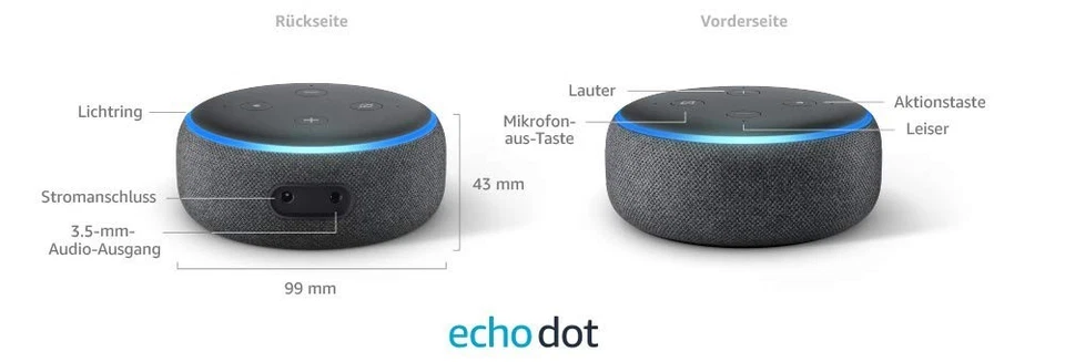 !! Echo Dot (3. Gen.) Intellig. Lautsprecher mit Alexa, Schwarz und Grau - Bild 3 von 3