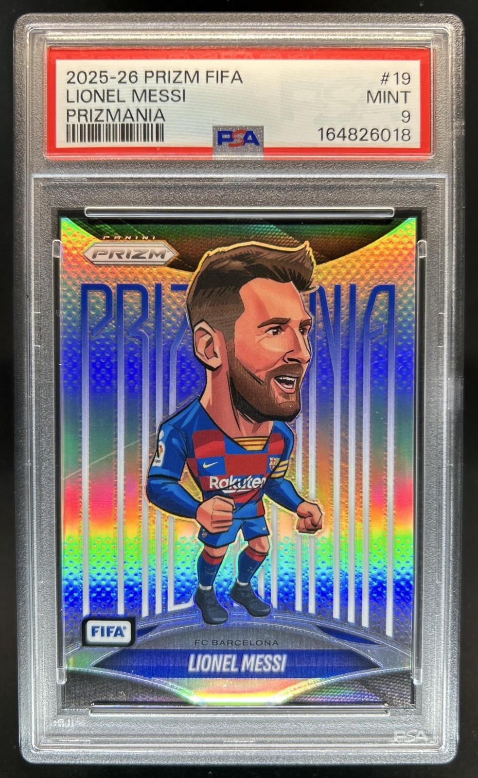 2025-26 Panini Prizm FIFA Lionel Messi Prizmania SSP #19 Barcelona PSA 9