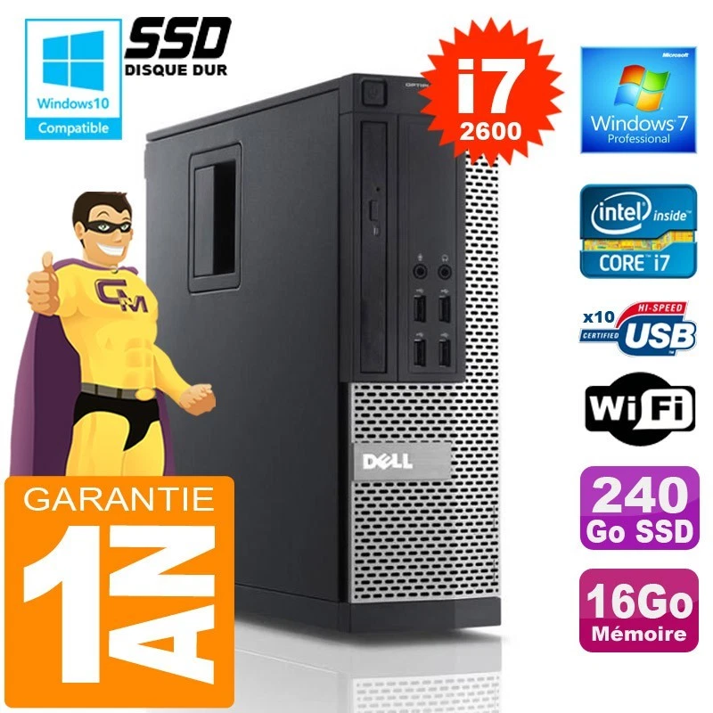 PC DELL 990 SFF Core I7-2600 Ram 16Go Disque 240 Go SSD Wifi W7 - Photo 1/4