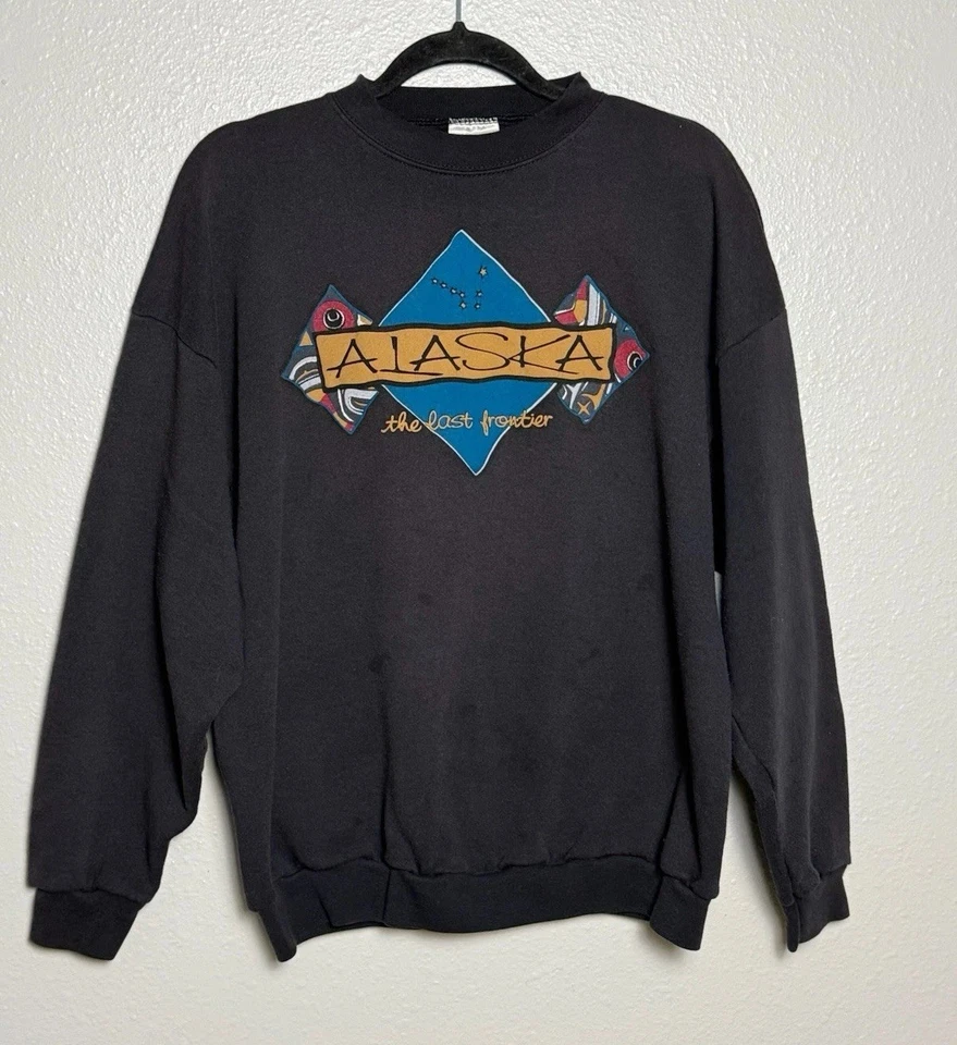 Sudadera Vintage Gráfica Alaska Cuello Redondo Años 90 Retro Talla XL Pullover Negro Foto 3 de 4