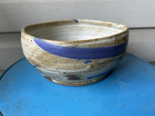 Vintage Blue Tan Abstract Speckled Asymmetrical Art Pottery Bowl 7.5" Signed