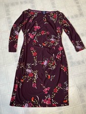 Chaps Floral Draped Side  Dress Burgundy Floral Size Medium Petite Boatneck