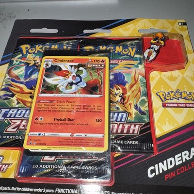 Pokémon TCG: Blister Pack Crown Zenith Pin Collection featuring Cinderace.