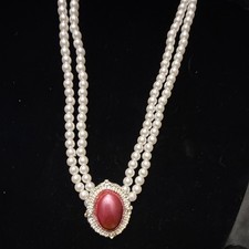 Double Strand Faux Pearl Necklace, Red Oval P...
