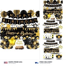 Gold Black Birthday Decorations, Happy Birthday Banner, Backdrop, Balloons, H...