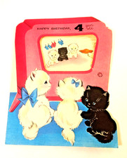 Vintage 1950's HAPPY BIRTHDAY 4 YEAR OLD Greeting Card Cats TV Unused