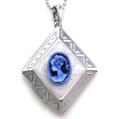 Cobalt Blue Retro Cameo Custom Picture Locket Pendant Necklace Charm Silver Tone