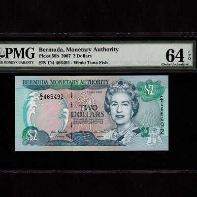 Bermuda 2 Dollars 2007 P-50b * PMG Unc 64 EPQ * Queen Elizabeth *