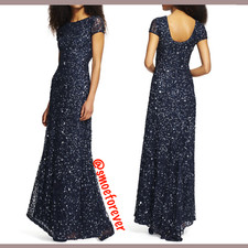 NEW Adrianna Papell Scoop Back Sequin Mesh Gown in Navy /Gunmetal [SZ 2 ] #A3