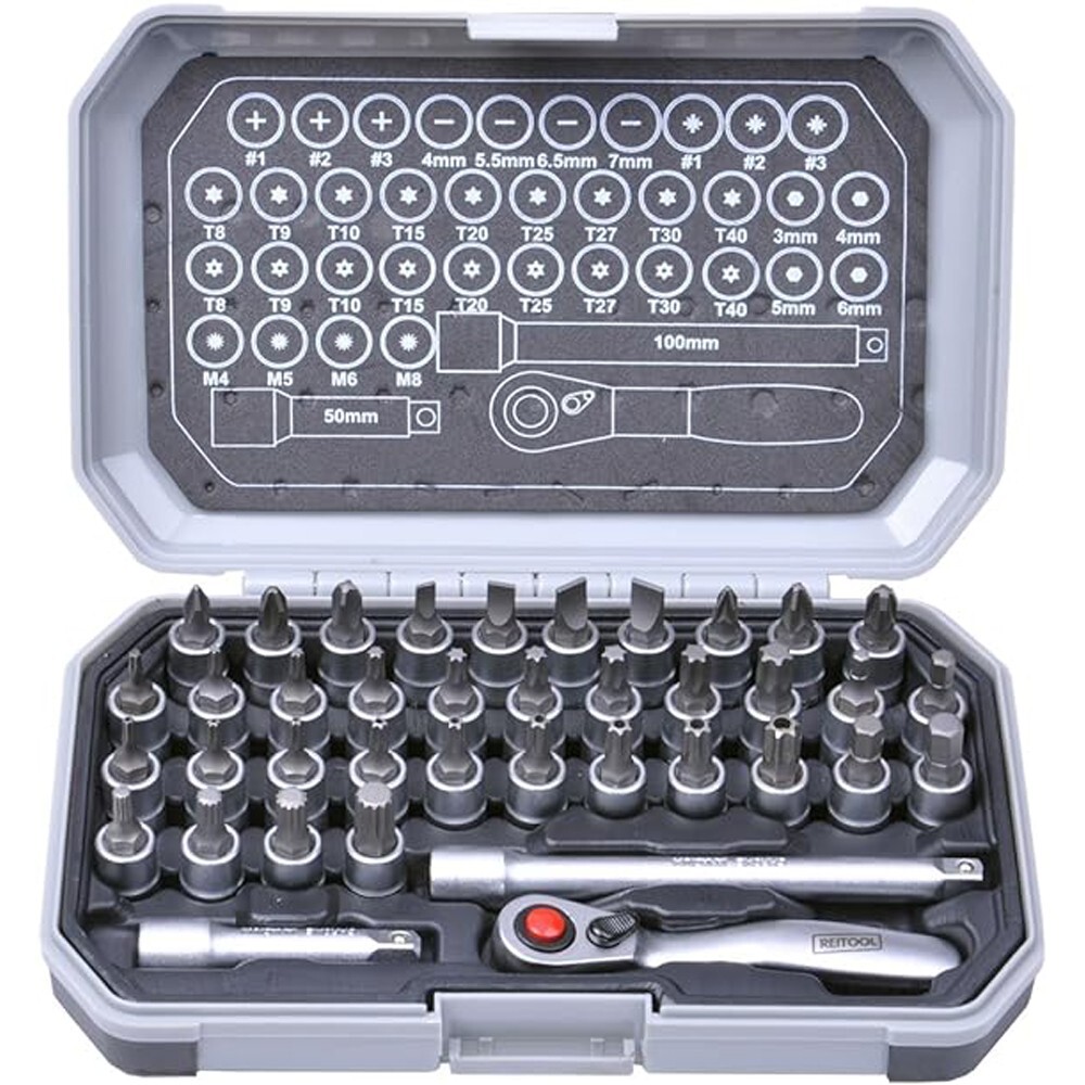 SERIE SET 39PZ INSERTI CON BUSSOLA ATTACCO 1/4 + CRICCHETTO + PROLUNGHE REITOOL