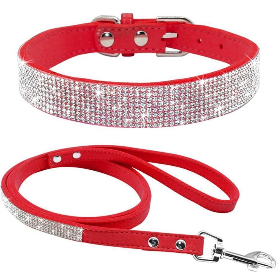 Pet Dog Cat Collar Rhinestone Bling Puppy Lead Leash Walking Training