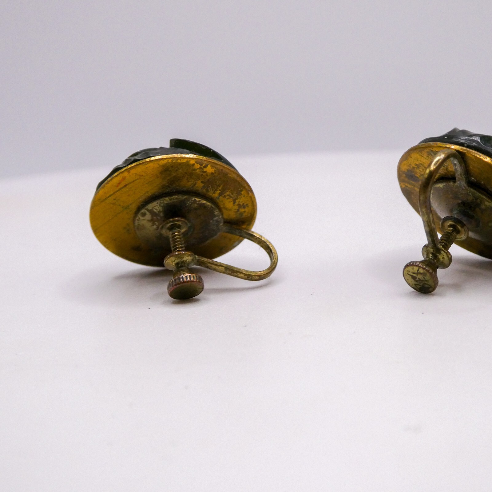 Bakelite Green Deep Carved .7" Button Earrings Sc… - image 7