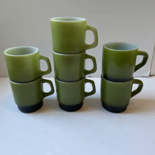 Fire King Anchor Hocking Stackable Coffee Cup Lot 7 Mugs Avocado Green Vintage