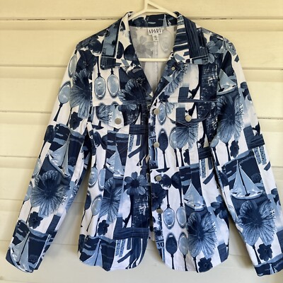 APART Woman Jacket  Size 12  Blue White Cotton Blend Button Font