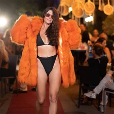 Winter Fashion Women's Orange Real Fox Fur Hooded Coat Jacket Thick Warm Outwear