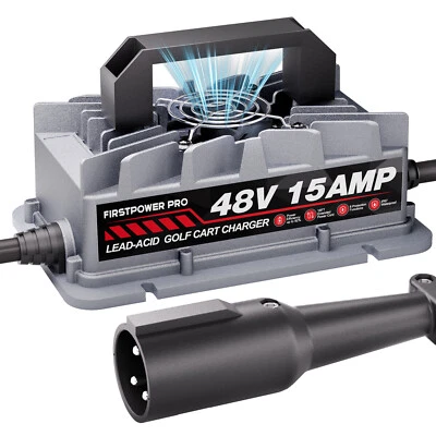 FIRSTPOWER PRO 48 Volt 15 AMP Golf Cart Smart Battery Charger for Club Car 3-Pin Round 48V 15A