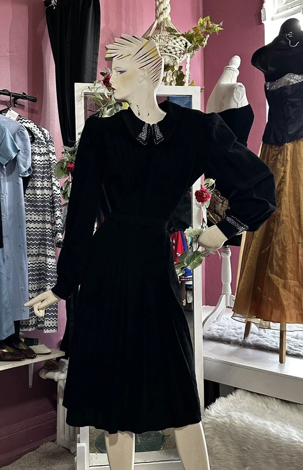 Vestido Art Deco Vintage Anos 30 Preto Lã Frisado Coquetel Veronique de Paris P/M - Imagem 2 de 4