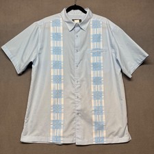 Vtg Haband Button Up Shirt Guayabera Plaid Panel Short Sleeve L Blue Retro