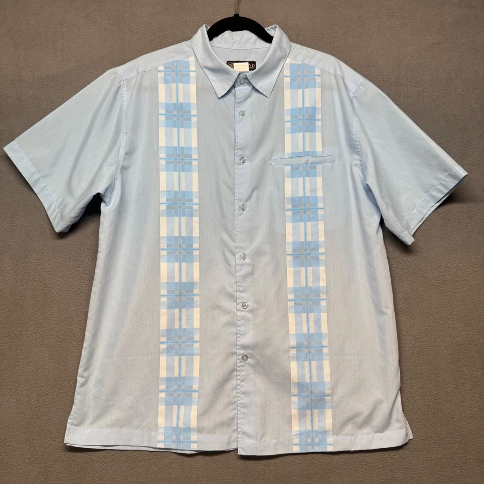 Vtg Haband Button Up Shirt Guayabera Plaid Panel Short Sleeve L Blue Retro - Image 1 of 4