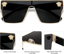 WOMENS THICK BOLD SQUARE SUNGLASSES LION HEAD MEDALLION RETRO DESIGNER FASHION
