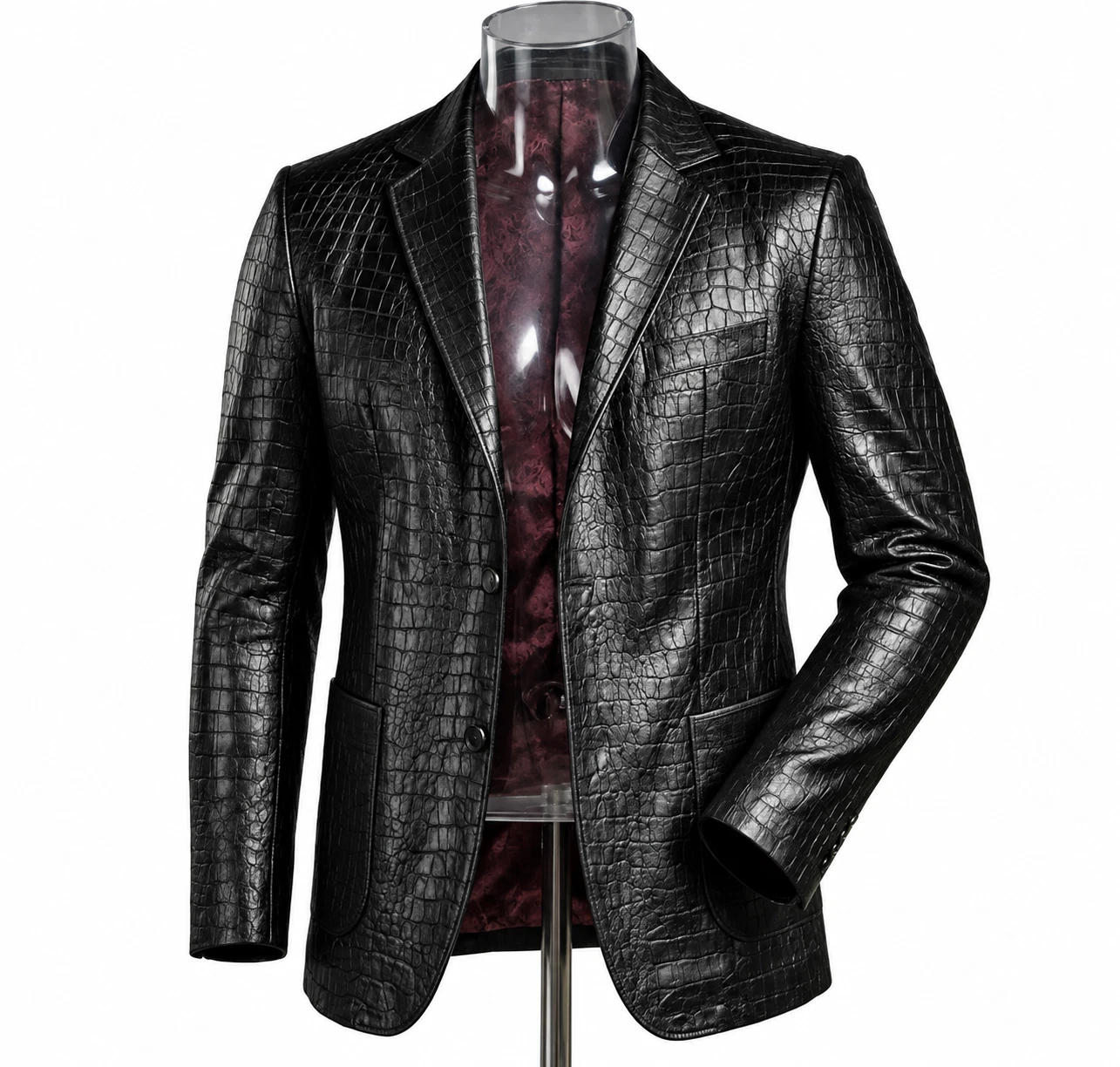 Men's Black Crocodile Embossed Leather Blazer Alligator Print Two Button Coat - product detail image 1