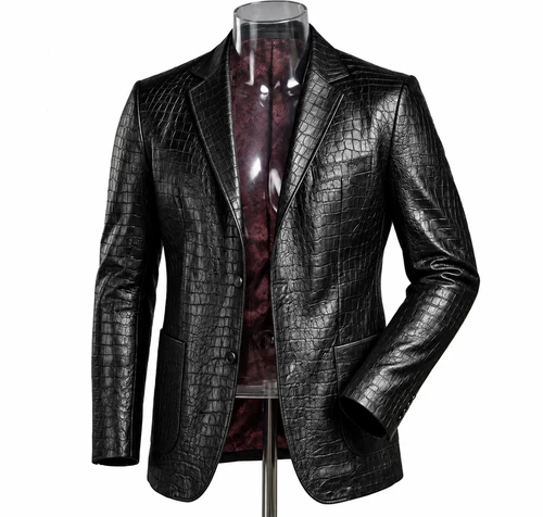 Men's Black Crocodile Embossed Leather Blazer Alligator Print Two Button Coat video thumbnail