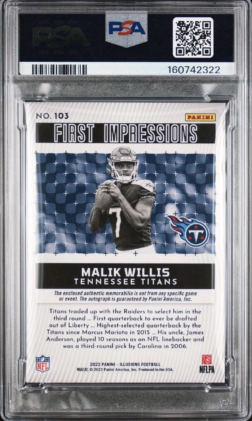 2022 Panini Illusions Malik Willis #103 First Impressions Black-Ice 7/25 PSA 9 view 2