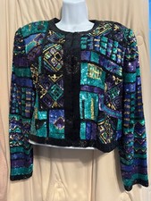 Vintage Laurance Kazar Silk Blazer Beads Sequins Mermaid Colors XL