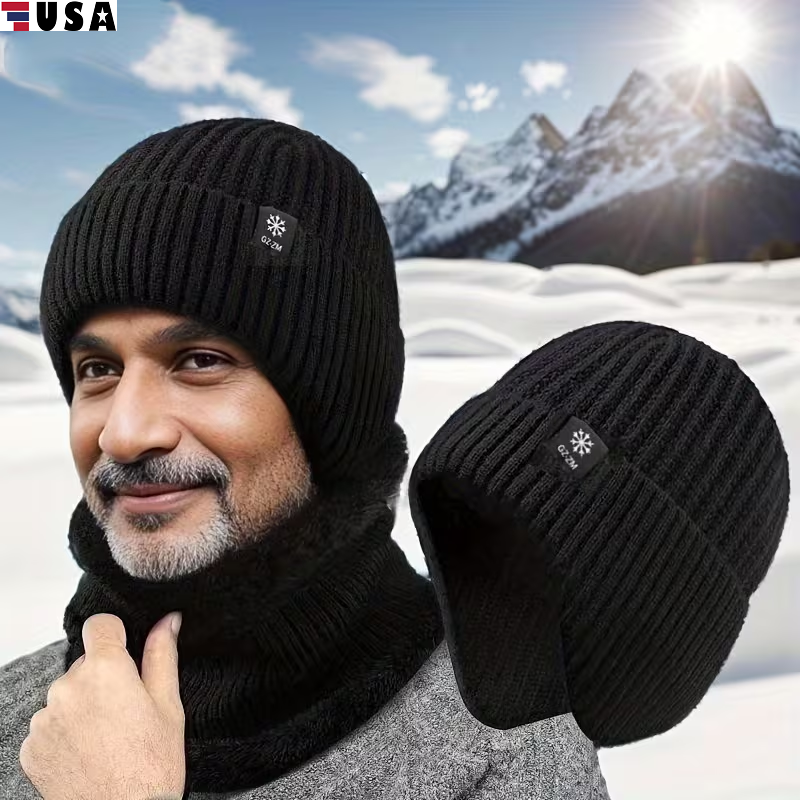 Men Winter Fleece Line Beanie with Earflap Outdoor Warm Thermal Knitted Hat Cap