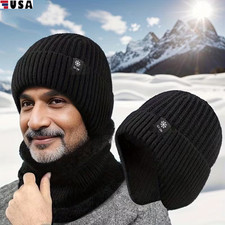 Men Winter Fleece Line Beanie with Earflap Outdoor Warm Thermal Knitted Hat Cap