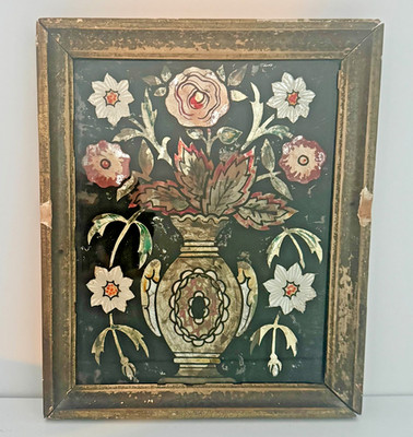 c.1860s American Tinsel Painting Reverse Glass Vase of Flowers - Warwick 