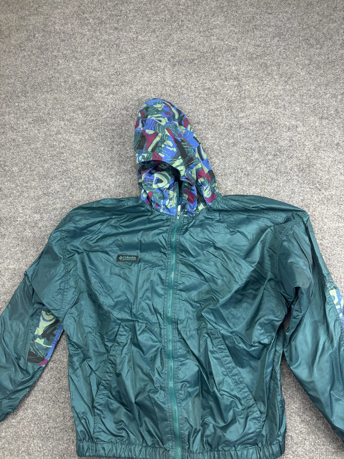 Columbia Jacket Youth 14/16 Green Nylon Hooded Windbreaker Lined 90s Colorblock